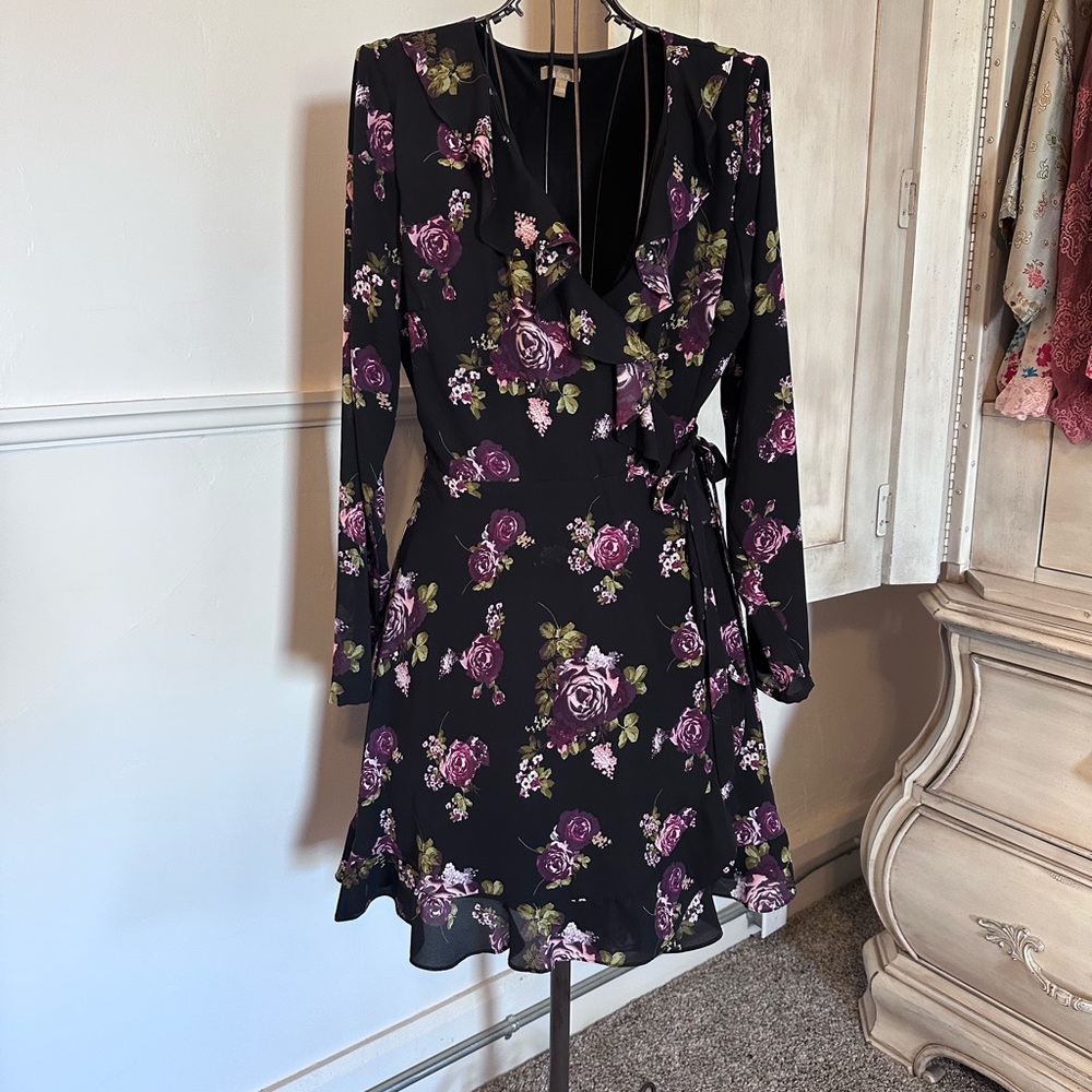 Takara Black and Purple Floral Long Sleeve Dress